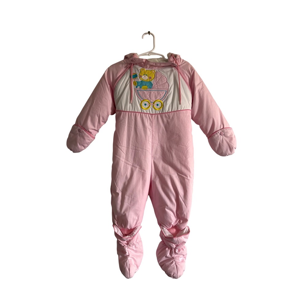 Y2k Mothercare Baby Girl Pink Pram Suit‎ Snowsuit Teddy Bear Stroller Embroidery